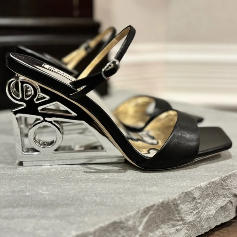 Badgley Mischka Women Sz 7.5 Luna Black Leather Mule Heels With Sculptural Wedge